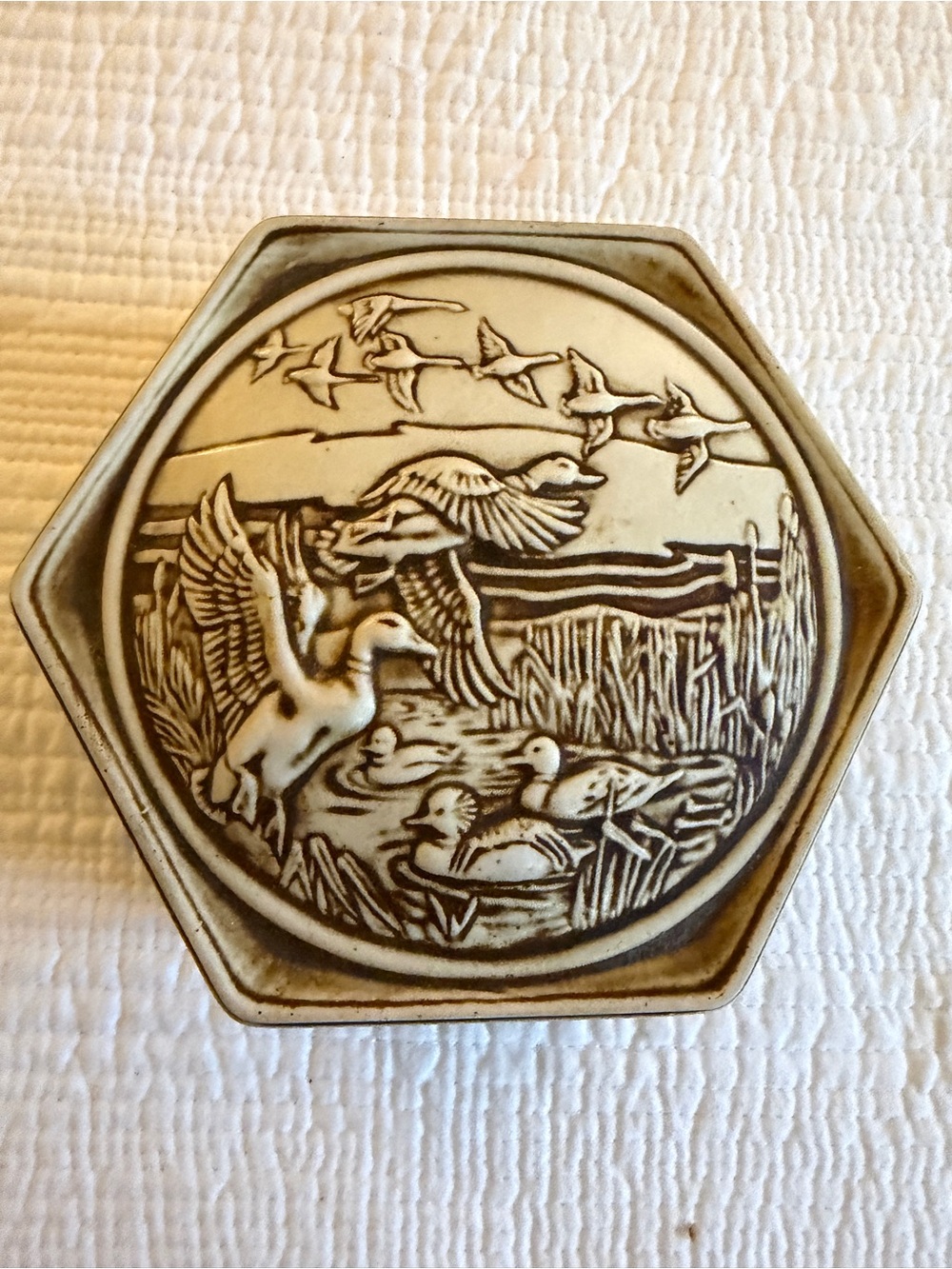 Avon Hexagonal Duck Relief Wall Plaque in Cream and Brown